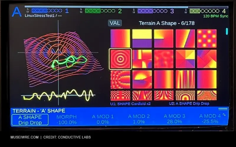 Conductive Labs TERRAIN hardware synthesizer screen closeup